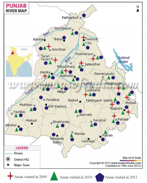 Map of Punjab showing various Collection sites surveyed during 2009-2011.
